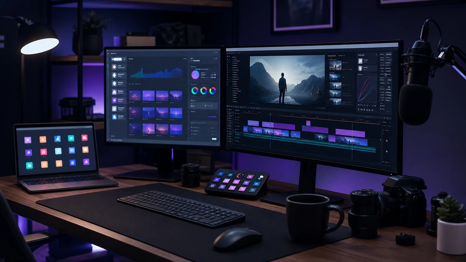 Best tools for YouTube creators arranged on a creative workstation