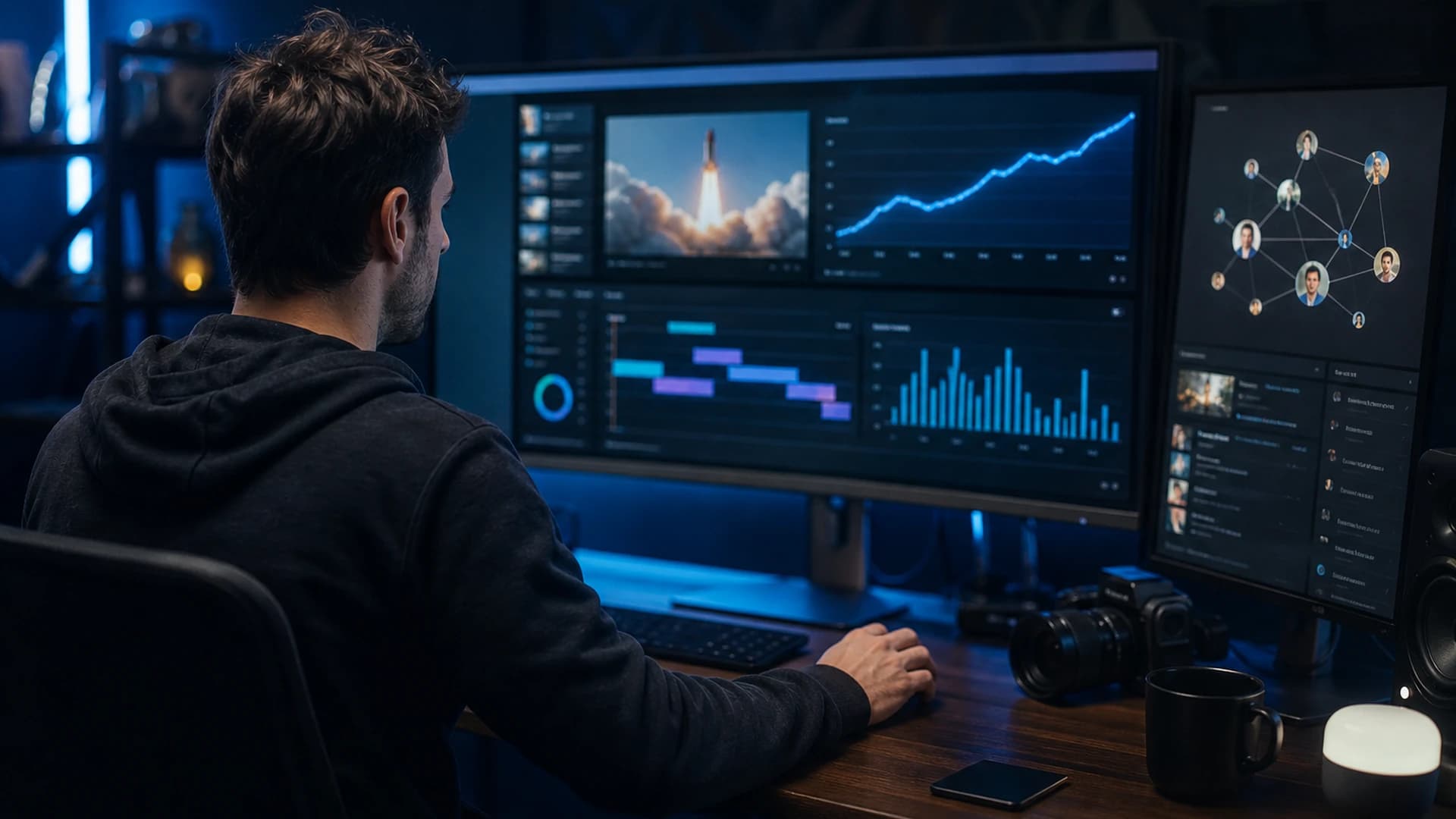 Creator promoting a new YouTube video with analytics and social sharing on a desk setup